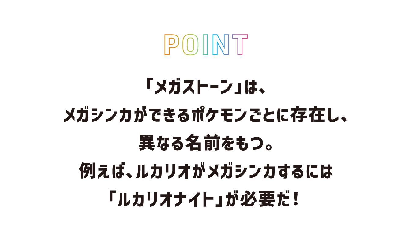 POINT 「メガストーン」は、メガシンカができるポケモンごとに存在し、異なる名前をもつ。例えば、ルカリオがメガシンカするには「ルカリオナイト」が必要だ!