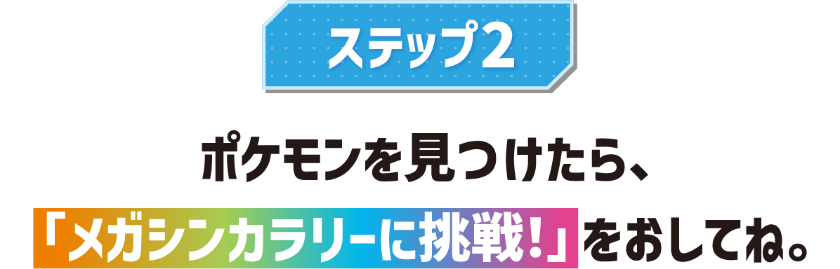 ステップ2 ポケモンを見つけたら、「メガシンカラリーに挑戦!」をおしてね。